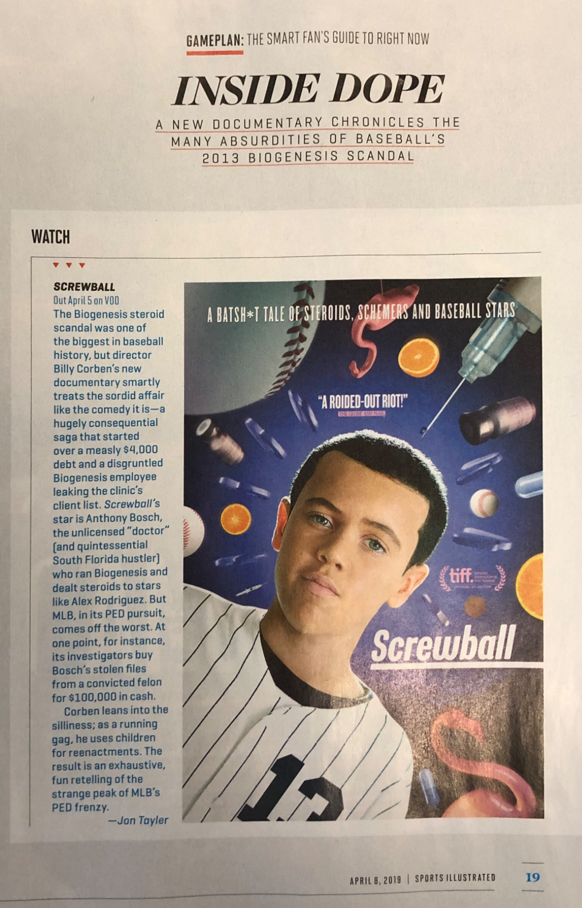 Sports Illustrated, "Inside Dope" by Jon Tayler (April 8, 2019), page 19