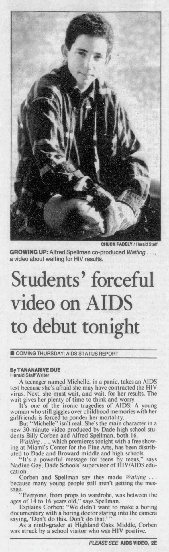 Miami Herald, Nov 30, 1994 — Students' forceful video on AIDS to debut tonight