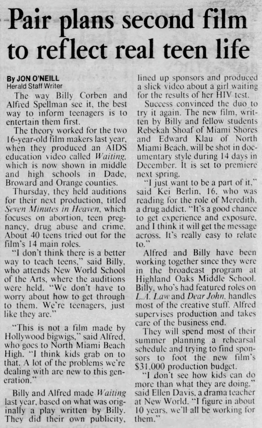 Miami Herald, Jun 18, 1995 — Pair plans second film to reflect real teen life