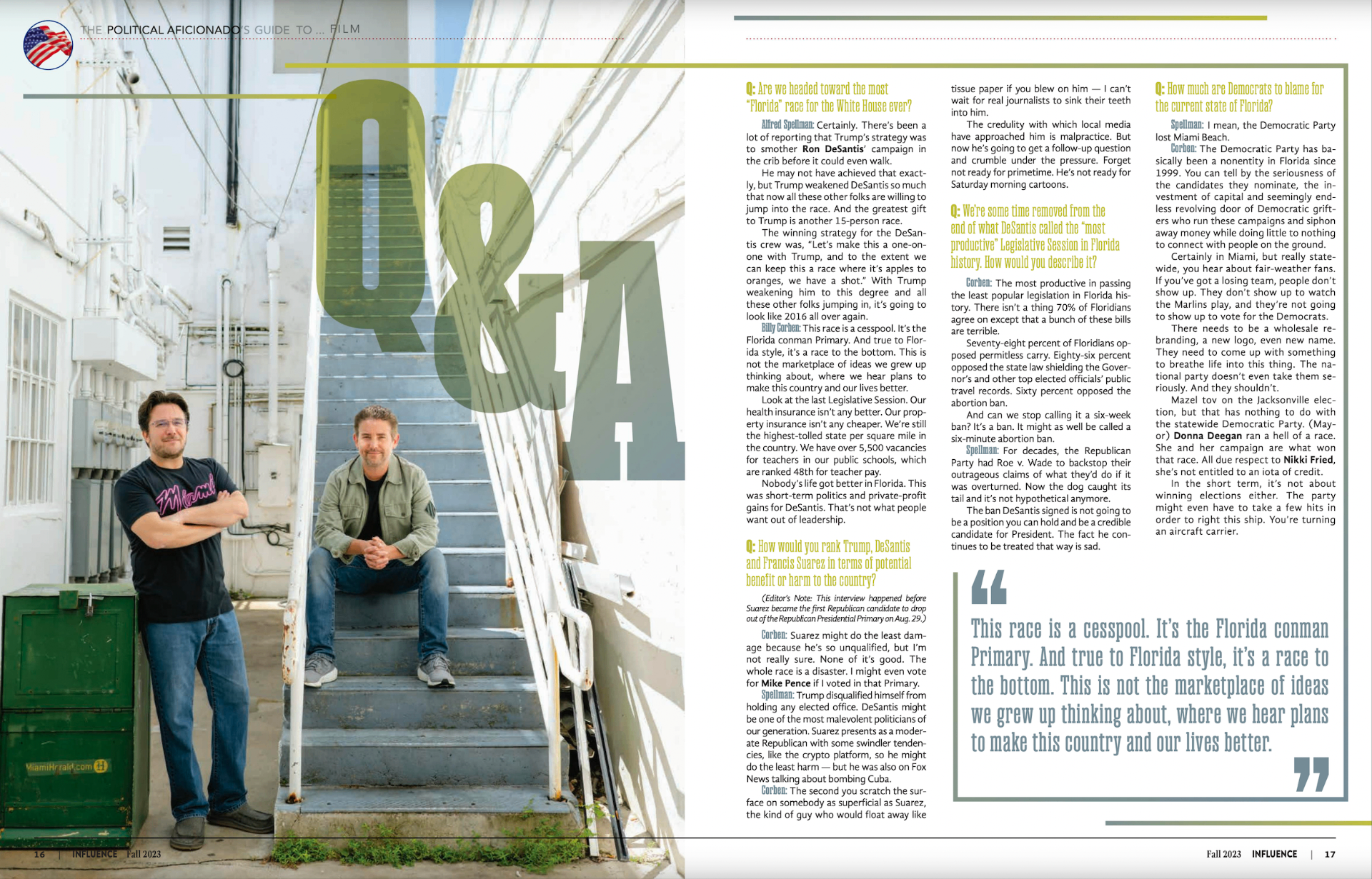 Influence magazine — The Political Aficionado's Guide to Film: Q&A with Billy Corben and Alfred Spellman (Fall 2023)