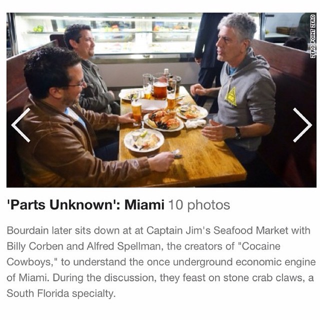 CNN Parts Unknown: Miami — Anthony Bourdain sits down with Billy Corben and Alfred Spellman at Captain Jim's Seafood Market