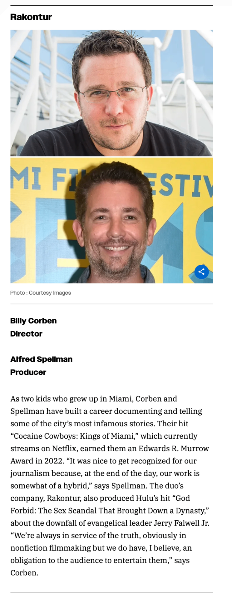 Variety — Rakontur: Billy Corben, Director; Alfred Spellman, Producer